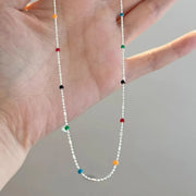 925 Silver Sterling Silver Necklace With Simple Geometric Multicolour Beads Choker Shiny Delicate Collarbone Chain For Women's