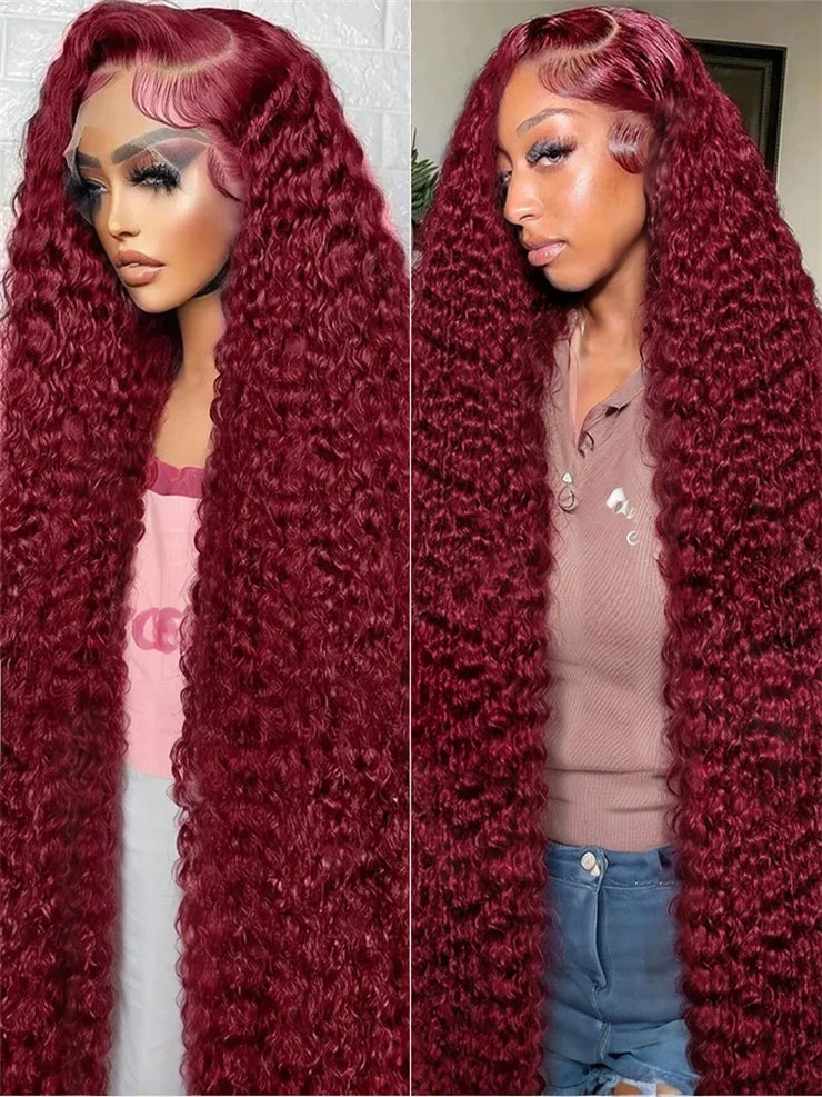 ISHINE Reddish Brown Deep Curly 13x4 Lace Frontal Wig Human Hair 13x6 Curly 34 Inch HD Lace Front Wigs Red Wine Water Wave