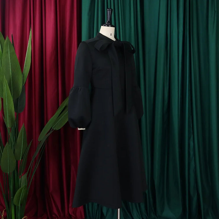 Elegant Dresses for Women Bow Collar Full Sleeve High Waisted Pleated Mid Calf Luxury Birthday Party Dinner Vestidos Mujer Dress