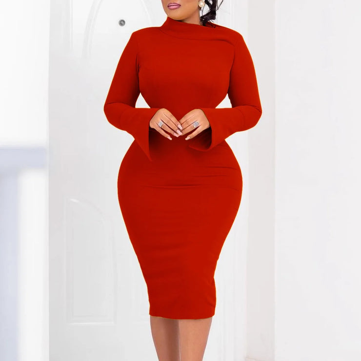 Dresses for Women 2024 New Skew Collar Full Sleeve Solid Sheath Package Hips Mid Calf Professional African Business Work Dress