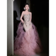 Woman's Dresses Pink Evening Dress High-End Light Luxury Niche Strapless Bridal Engagement Dress Elegant Evening Dress