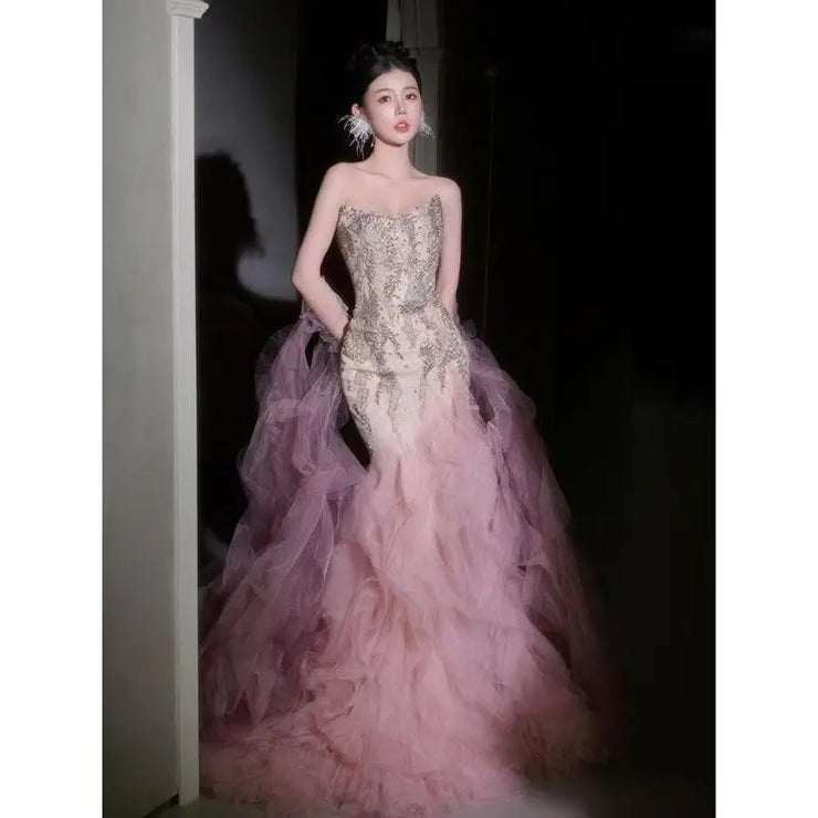 Woman's Dresses Pink Evening Dress High-End Light Luxury Niche Strapless Bridal Engagement Dress Elegant Evening Dress