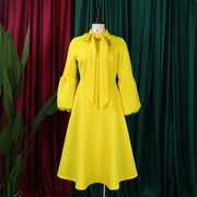 Elegant Dresses for Women Bow Collar Full Sleeve High Waisted Pleated Mid Calf Luxury Birthday Party Dinner Vestidos Mujer Dress