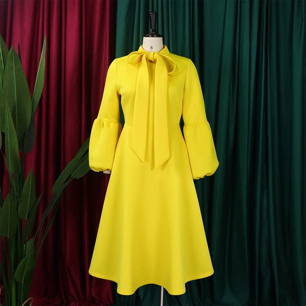 Elegant Dresses for Women Bow Collar Full Sleeve High Waisted Pleated Mid Calf Luxury Birthday Party Dinner Vestidos Mujer Dress