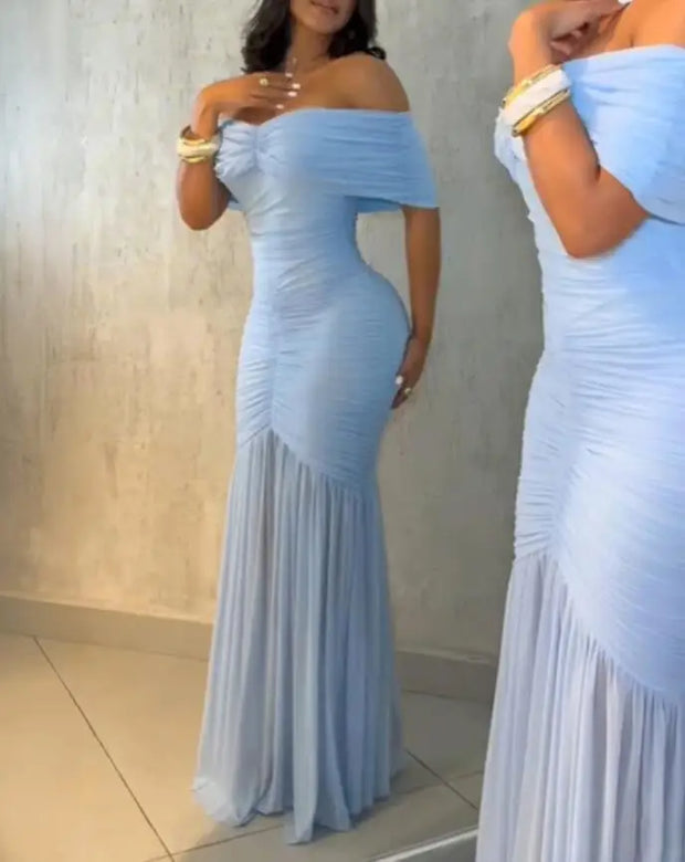Dresses for Women 2025 Elegant Sexy Off Shoulder Ruched Cinched Waist Evening Dress Slim Fit Mermaid Hem Party Dress