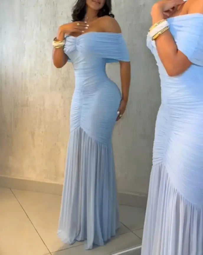 Dresses for Women 2025 Elegant Sexy Off Shoulder Ruched Cinched Waist Evening Dress Slim Fit Mermaid Hem Party Dress