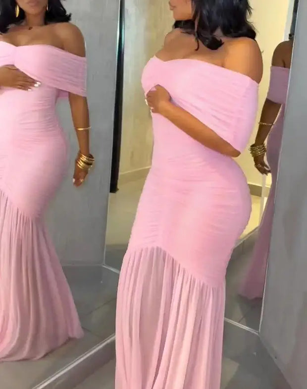 Dresses for Women 2025 Elegant Sexy Off Shoulder Ruched Cinched Waist Evening Dress Slim Fit Mermaid Hem Party Dress