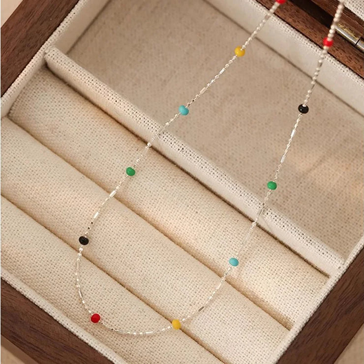 925 Silver Sterling Silver Necklace With Simple Geometric Multicolour Beads Choker Shiny Delicate Collarbone Chain For Women's