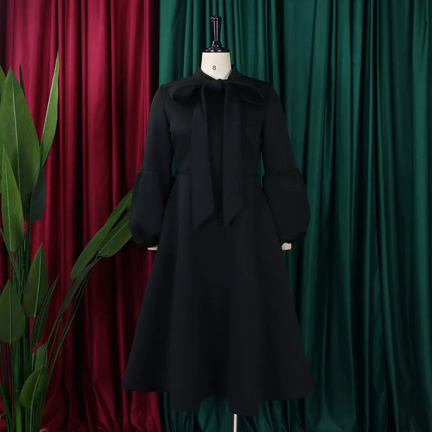 Elegant Dresses for Women Bow Collar Full Sleeve High Waisted Pleated Mid Calf Luxury Birthday Party Dinner Vestidos Mujer Dress