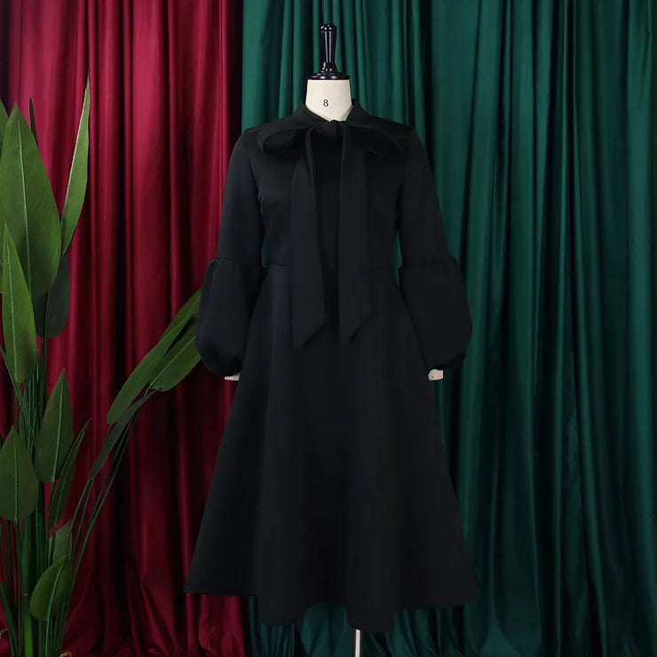 Elegant Dresses for Women Bow Collar Full Sleeve High Waisted Pleated Mid Calf Luxury Birthday Party Dinner Vestidos Mujer Dress