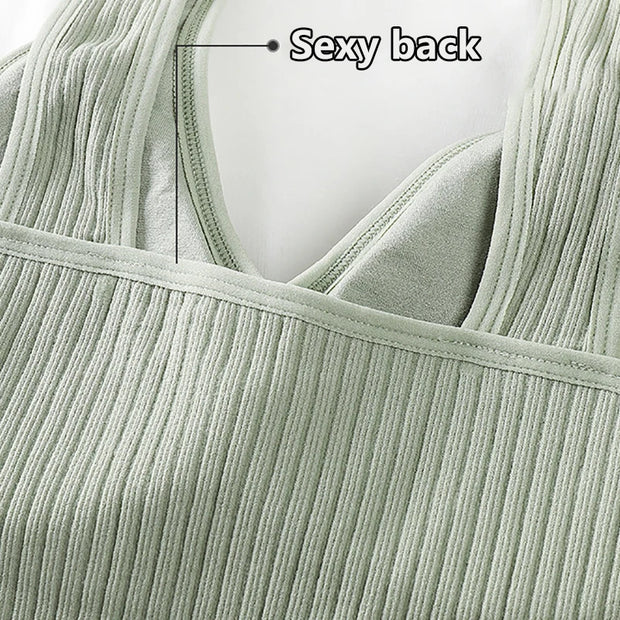 Bra Tops Summer V Neck Rib Crop Tank Top With Detachable Bra Pads Sleevelss Solid Color Backless Sporty Bra Top
