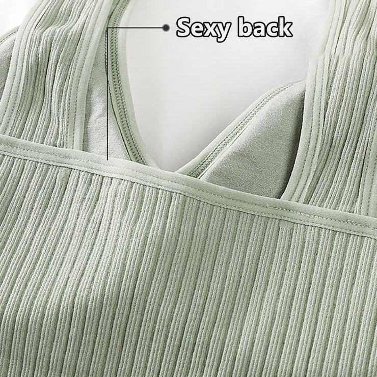 Bra Tops Summer V Neck Rib Crop Tank Top With Detachable Bra Pads Sleevelss Solid Color Backless Sporty Bra Top