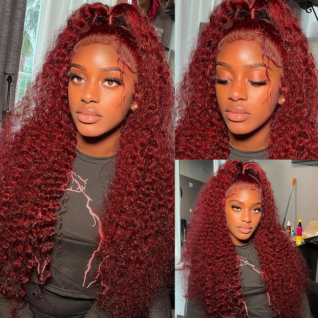 40 Inch Curly Burgundy 13x6 Hd Lace Front Human Hair Wig Red Wigs For Women Transparent Lace 5x5 13x4 Deep Wave Frontal Wig 99j