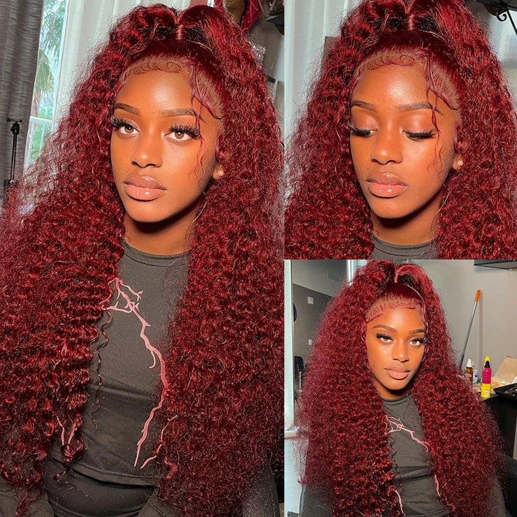 40 Inch Curly Burgundy 13x6 Hd Lace Front Human Hair Wig Red Wigs For Women Transparent Lace 5x5 13x4 Deep Wave Frontal Wig 99j