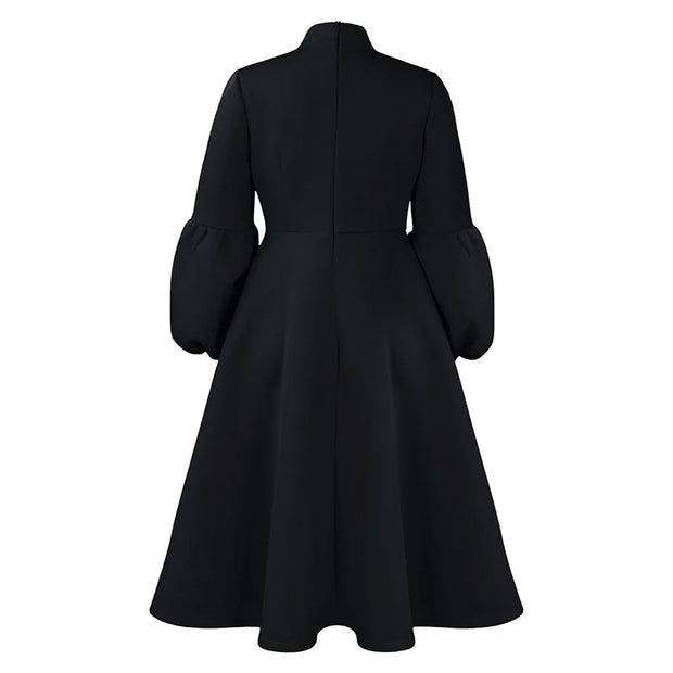 Elegant Dresses for Women Bow Collar Full Sleeve High Waisted Pleated Mid Calf Luxury Birthday Party Dinner Vestidos Mujer Dress