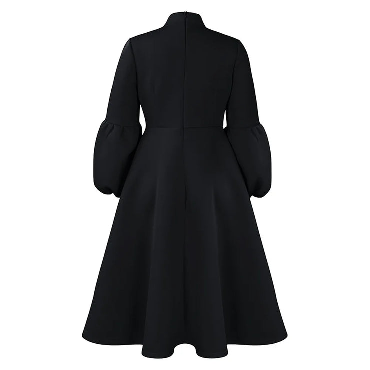 Elegant Dresses for Women Bow Collar Full Sleeve High Waisted Pleated Mid Calf Luxury Birthday Party Dinner Vestidos Mujer Dress