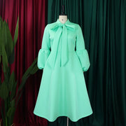 Elegant Dresses for Women Bow Collar Full Sleeve High Waisted Pleated Mid Calf Luxury Birthday Party Dinner Vestidos Mujer Dress