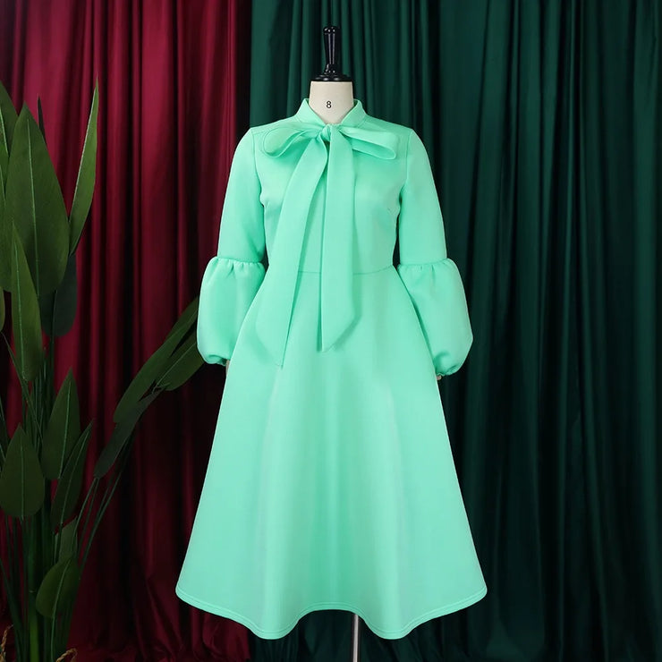 Elegant Dresses for Women Bow Collar Full Sleeve High Waisted Pleated Mid Calf Luxury Birthday Party Dinner Vestidos Mujer Dress