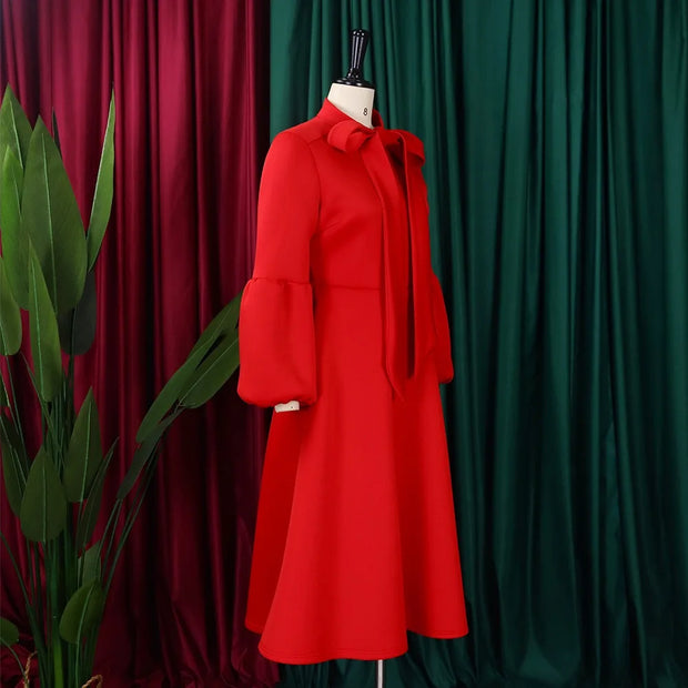 Elegant Dresses for Women Bow Collar Full Sleeve High Waisted Pleated Mid Calf Luxury Birthday Party Dinner Vestidos Mujer Dress