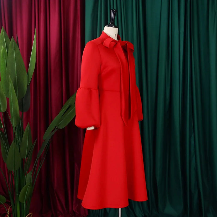 Elegant Dresses for Women Bow Collar Full Sleeve High Waisted Pleated Mid Calf Luxury Birthday Party Dinner Vestidos Mujer Dress