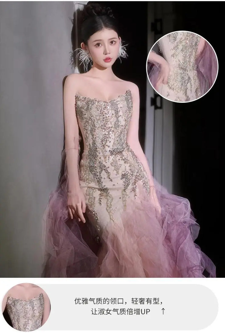 Woman's Dresses Pink Evening Dress High-End Light Luxury Niche Strapless Bridal Engagement Dress Elegant Evening Dress