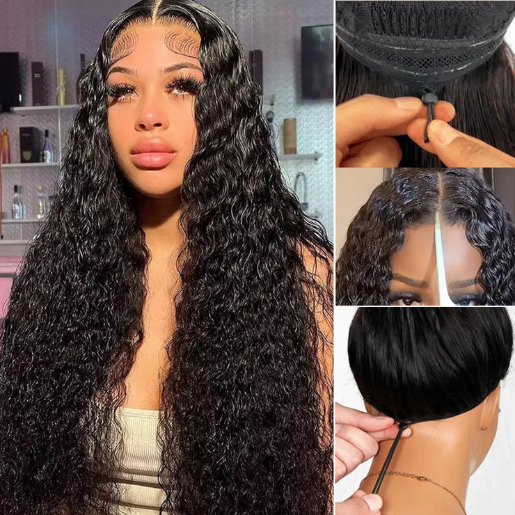 13x6 HD Lace Frontal Wigs Water Wave Pull Go Glueless Wig Human Hair 360 Full Lace Wig with Invisible Elastic Drawstring