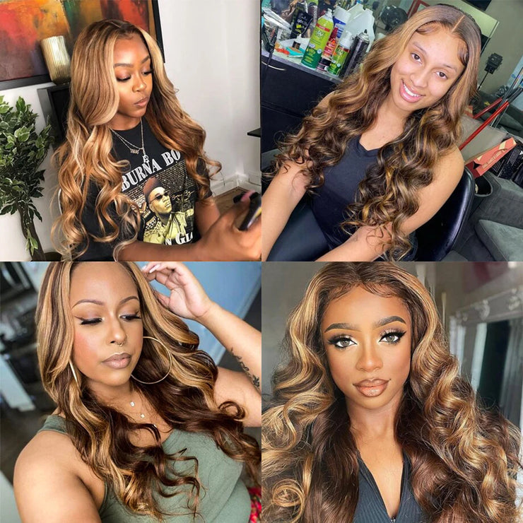 Highlight 13x4 Lace Frontal Wig Human Hair Body Wave 13x6 Hd Lace Front Wig For Women 4/27 Blonde Ombre Brown Colored Wig 36Inch