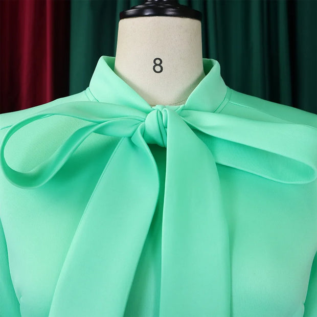 Elegant Dresses for Women Bow Collar Full Sleeve High Waisted Pleated Mid Calf Luxury Birthday Party Dinner Vestidos Mujer Dress