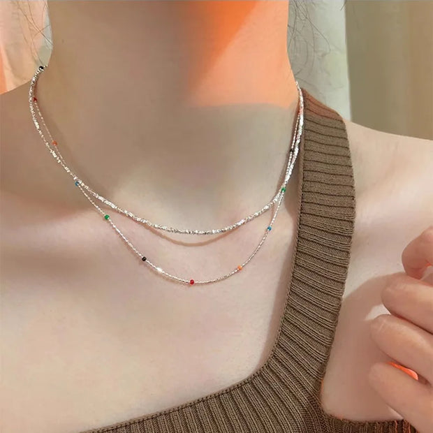 925 Silver Sterling Silver Necklace With Simple Geometric Multicolour Beads Choker Shiny Delicate Collarbone Chain For Women's