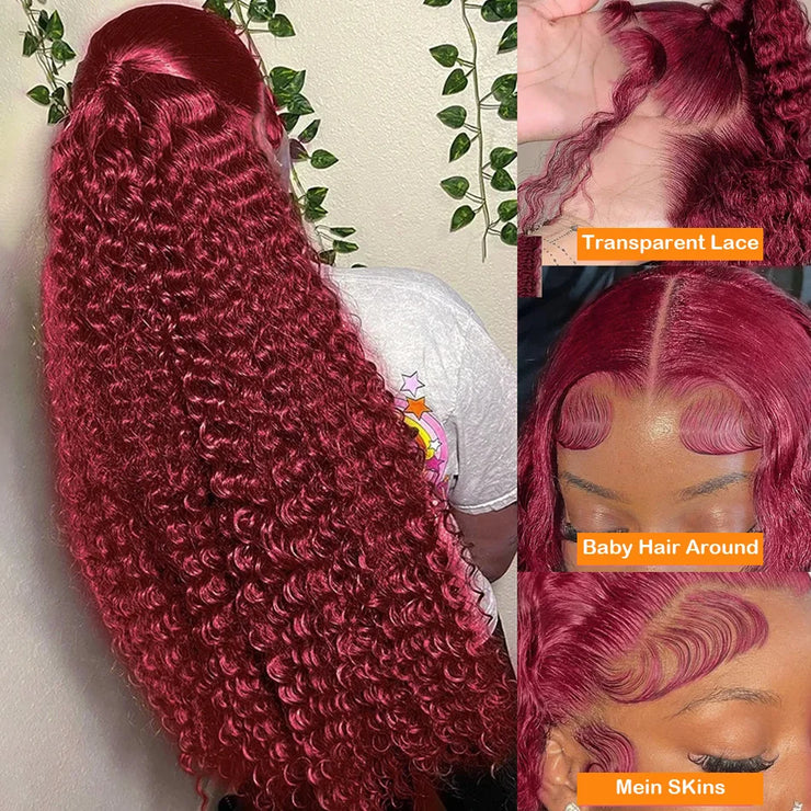 ISHINE Reddish Brown Deep Curly 13x4 Lace Frontal Wig Human Hair 13x6 Curly 34 Inch HD Lace Front Wigs Red Wine Water Wave