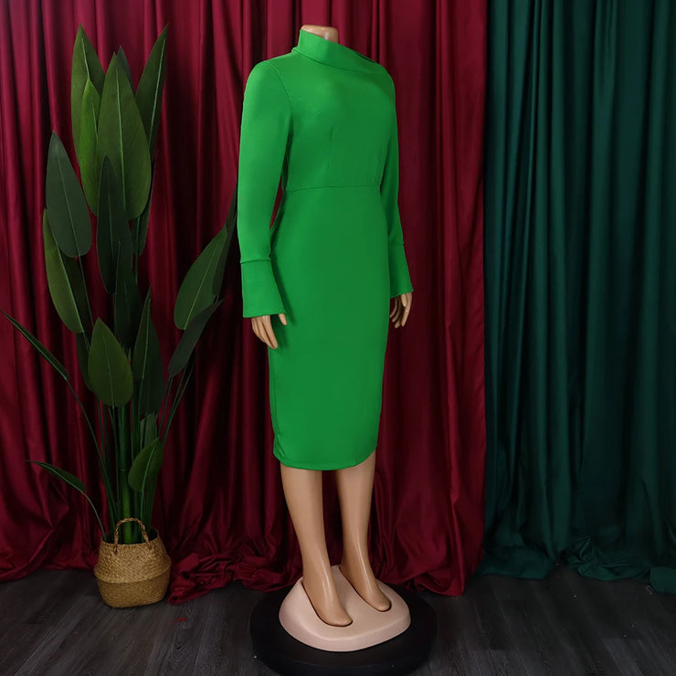 Dresses for Women 2024 New Skew Collar Full Sleeve Solid Sheath Package Hips Mid Calf Professional African Business Work Dress