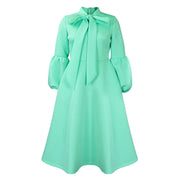 Elegant Dresses for Women Bow Collar Full Sleeve High Waisted Pleated Mid Calf Luxury Birthday Party Dinner Vestidos Mujer Dress