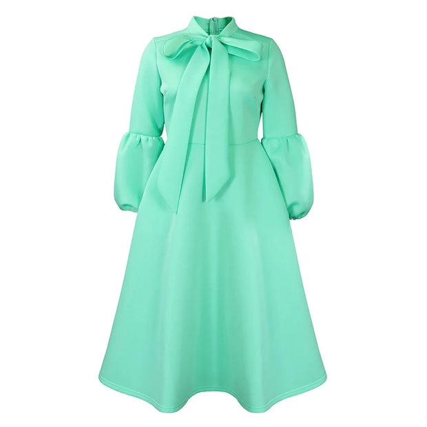 Elegant Dresses for Women Bow Collar Full Sleeve High Waisted Pleated Mid Calf Luxury Birthday Party Dinner Vestidos Mujer Dress