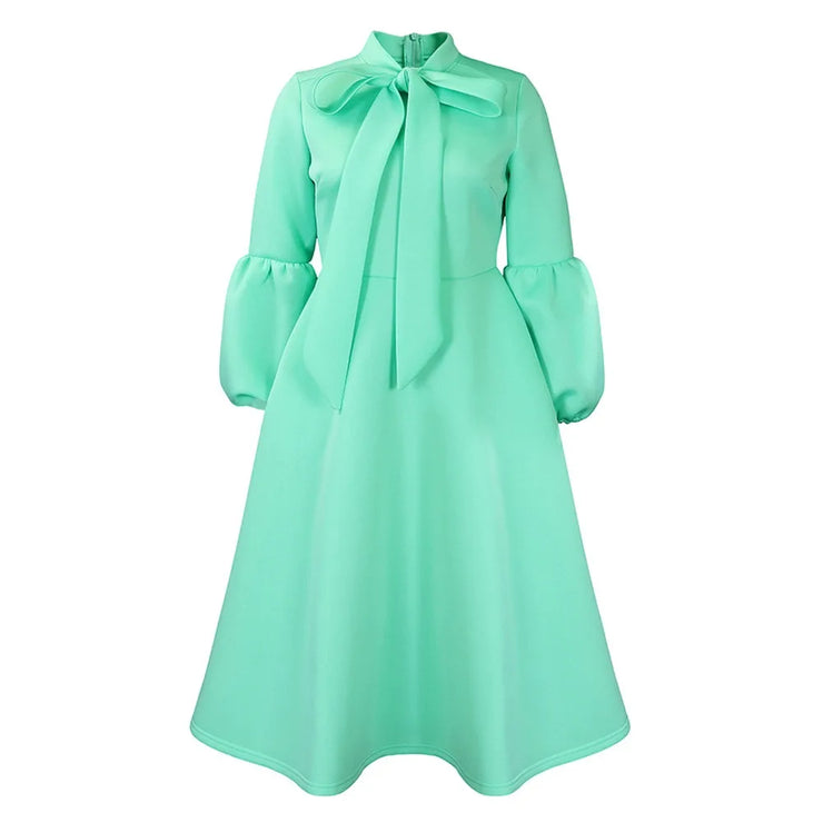 Elegant Dresses for Women Bow Collar Full Sleeve High Waisted Pleated Mid Calf Luxury Birthday Party Dinner Vestidos Mujer Dress