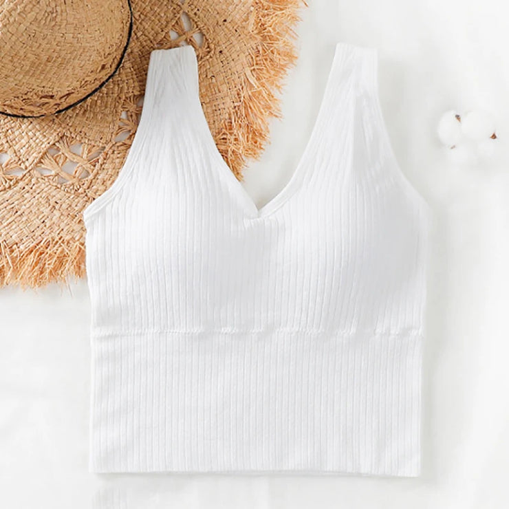 Bra Tops Summer V Neck Rib Crop Tank Top With Detachable Bra Pads Sleevelss Solid Color Backless Sporty Bra Top