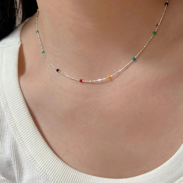 925 Silver Sterling Silver Necklace With Simple Geometric Multicolour Beads Choker Shiny Delicate Collarbone Chain For Women's