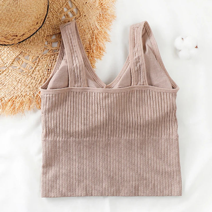 Bra Tops Summer V Neck Rib Crop Tank Top With Detachable Bra Pads Sleevelss Solid Color Backless Sporty Bra Top