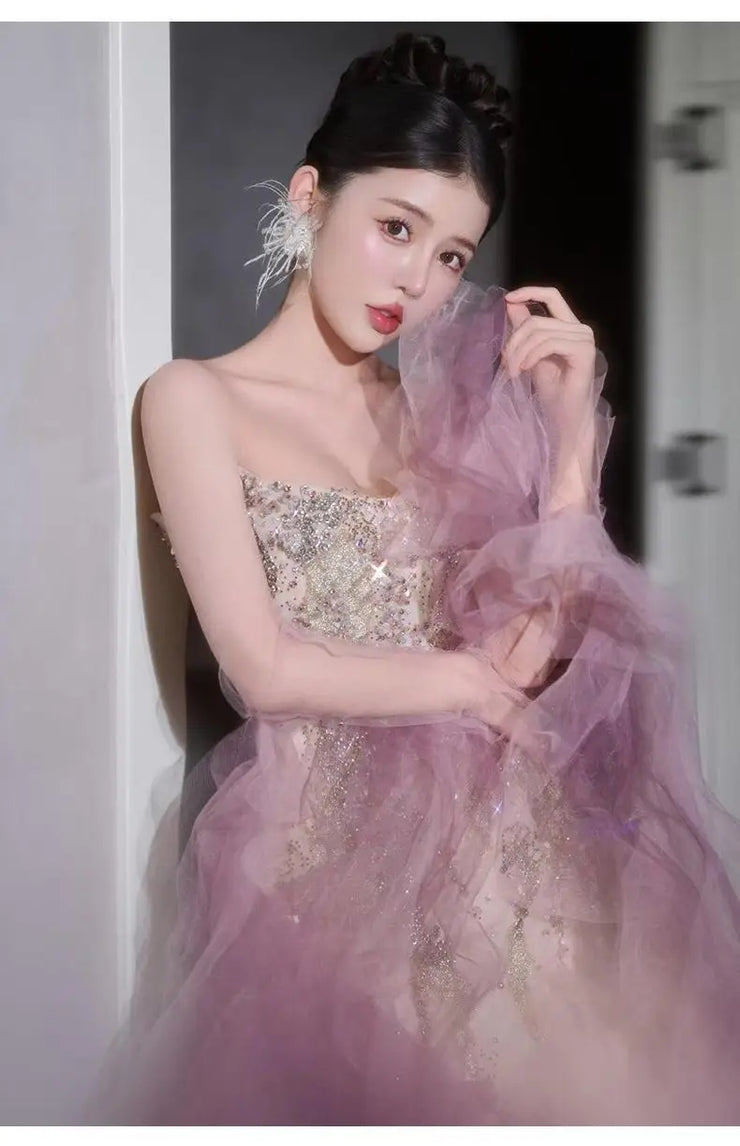 Woman's Dresses Pink Evening Dress High-End Light Luxury Niche Strapless Bridal Engagement Dress Elegant Evening Dress