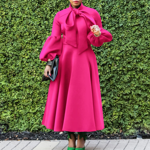 Elegant Dresses for Women Bow Collar Full Sleeve High Waisted Pleated Mid Calf Luxury Birthday Party Dinner Vestidos Mujer Dress