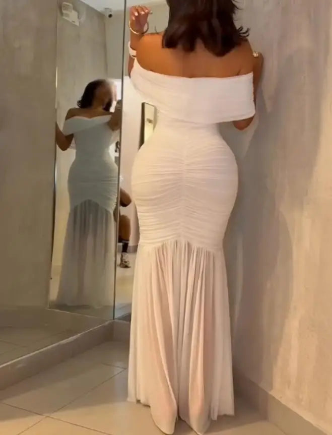 Dresses for Women 2025 Elegant Sexy Off Shoulder Ruched Cinched Waist Evening Dress Slim Fit Mermaid Hem Party Dress
