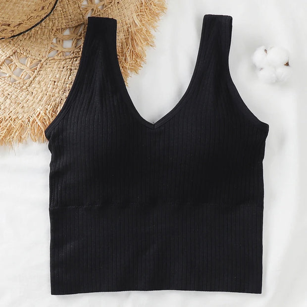 Bra Tops Summer V Neck Rib Crop Tank Top With Detachable Bra Pads Sleevelss Solid Color Backless Sporty Bra Top