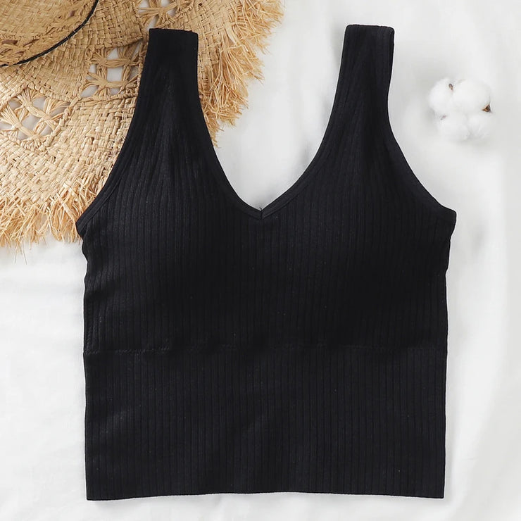 Bra Tops Summer V Neck Rib Crop Tank Top With Detachable Bra Pads Sleevelss Solid Color Backless Sporty Bra Top