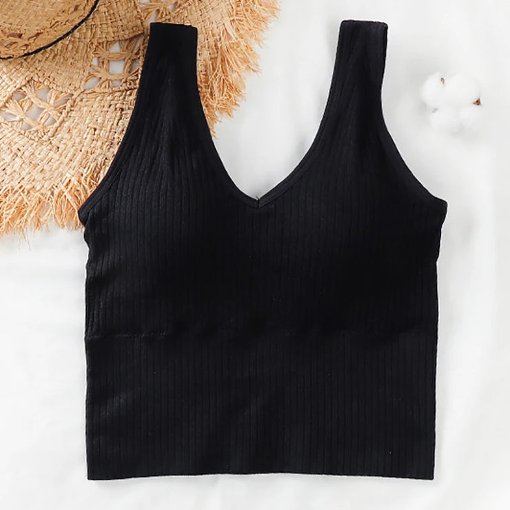 Bra Tops Summer V Neck Rib Crop Tank Top With Detachable Bra Pads Sleevelss Solid Color Backless Sporty Bra Top