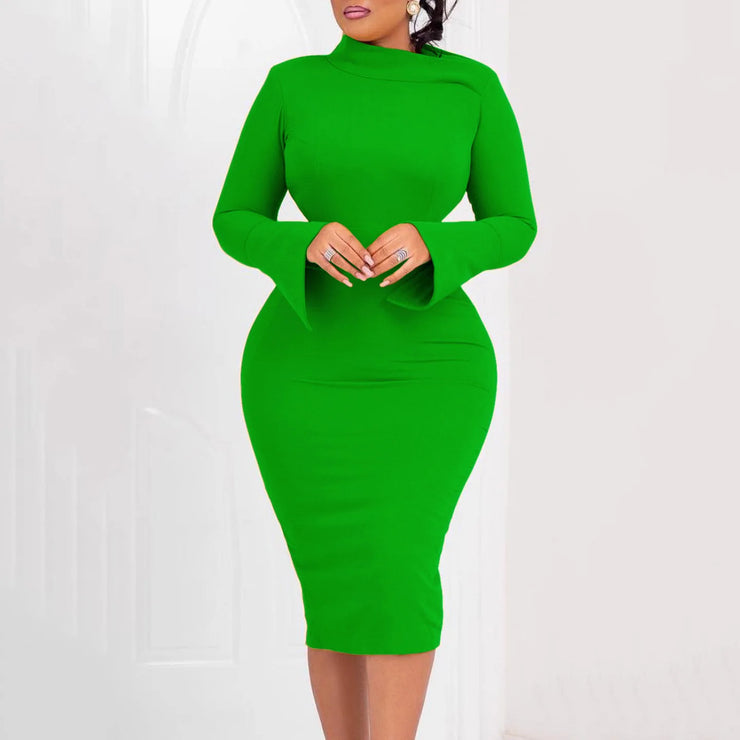 Dresses for Women 2024 New Skew Collar Full Sleeve Solid Sheath Package Hips Mid Calf Professional African Business Work Dress