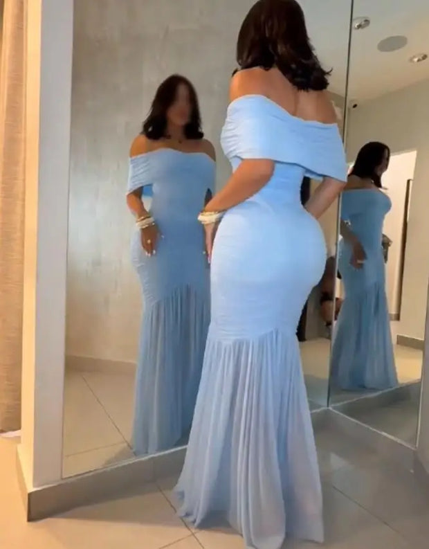 Dresses for Women 2025 Elegant Sexy Off Shoulder Ruched Cinched Waist Evening Dress Slim Fit Mermaid Hem Party Dress
