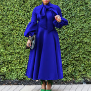 Elegant Dresses for Women Bow Collar Full Sleeve High Waisted Pleated Mid Calf Luxury Birthday Party Dinner Vestidos Mujer Dress