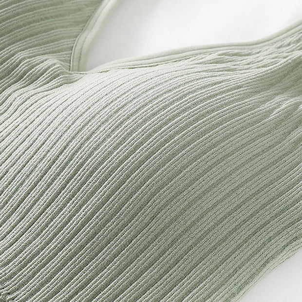 Bra Tops Summer V Neck Rib Crop Tank Top With Detachable Bra Pads Sleevelss Solid Color Backless Sporty Bra Top