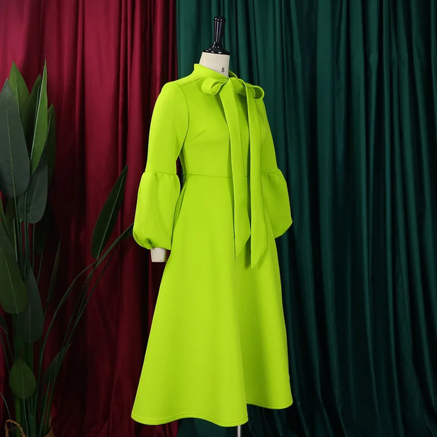 Elegant Dresses for Women Bow Collar Full Sleeve High Waisted Pleated Mid Calf Luxury Birthday Party Dinner Vestidos Mujer Dress