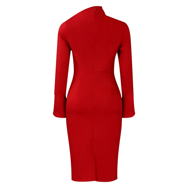 Dresses for Women 2024 New Skew Collar Full Sleeve Solid Sheath Package Hips Mid Calf Professional African Business Work Dress