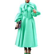 Elegant Dresses for Women Bow Collar Full Sleeve High Waisted Pleated Mid Calf Luxury Birthday Party Dinner Vestidos Mujer Dress